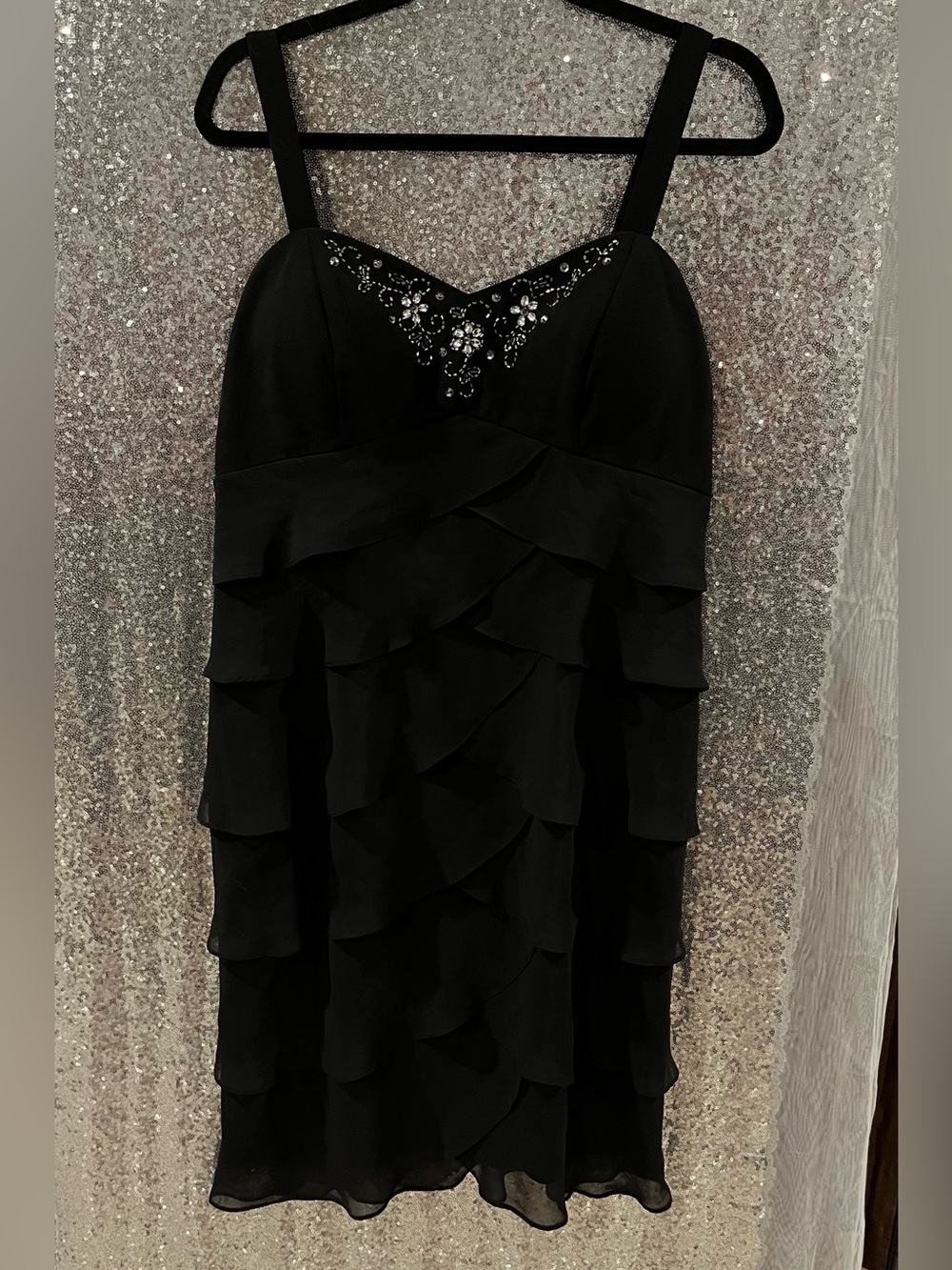 S.L. Fashions Black Embellished Ruffle Midi Dress
